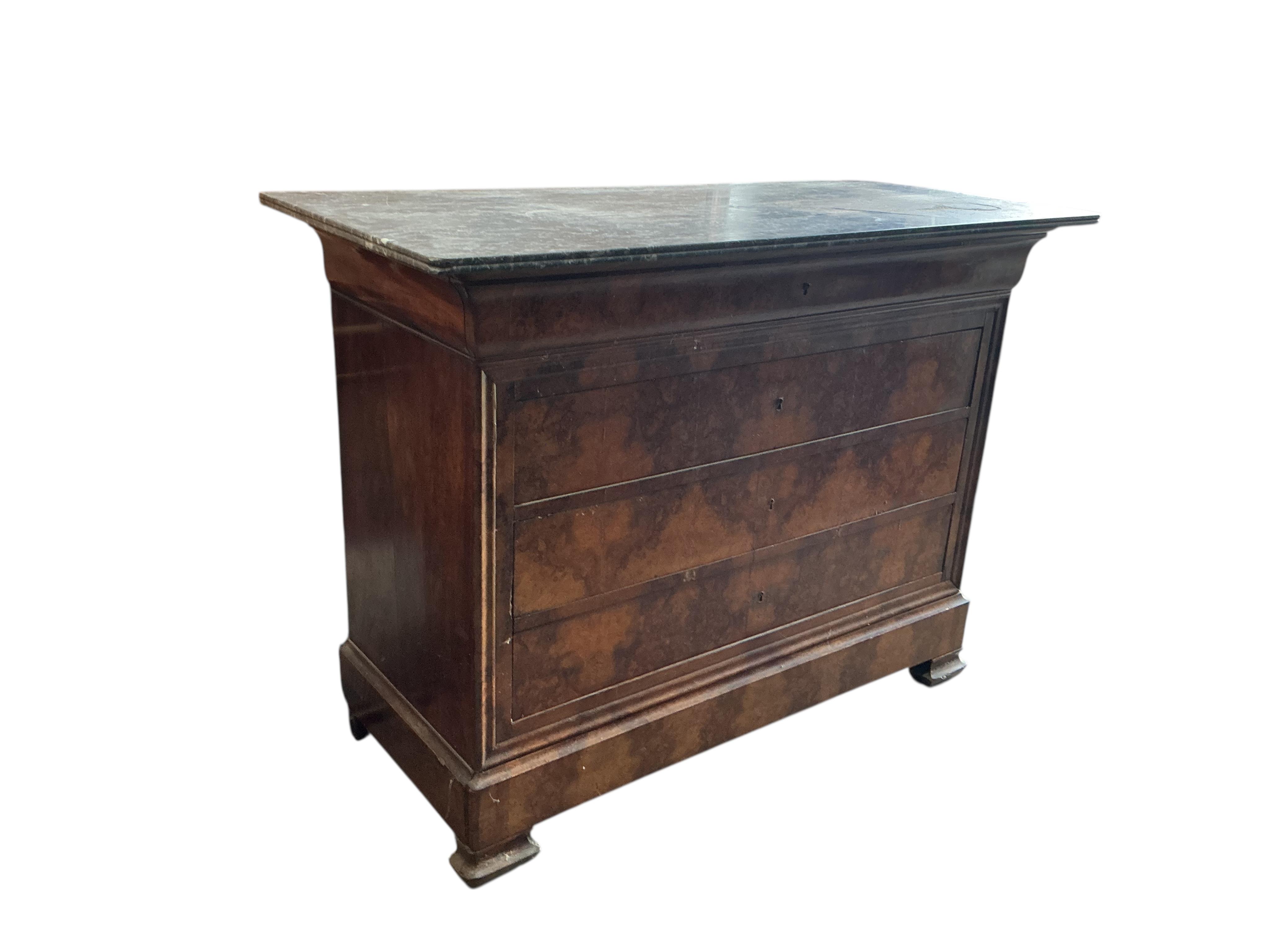 A 19th century French burr walnut marble top commode, width 127cm, depth 57cm, height 95cm